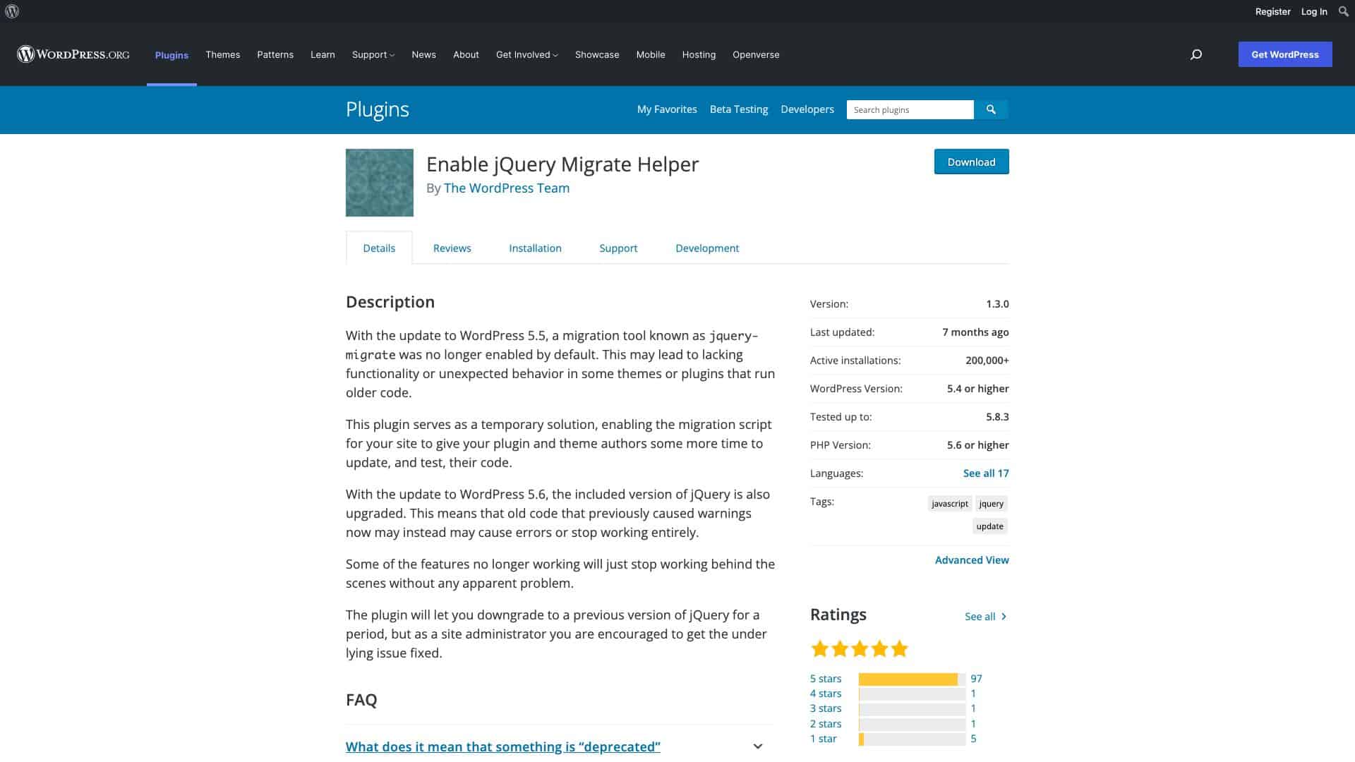 wordpress org plugins enable jquery migrate helper 1643923468696